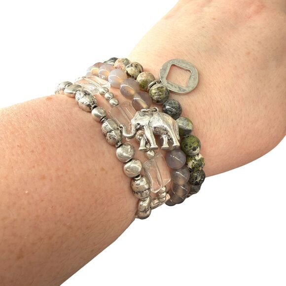J. Jill Elephant Charm Bracelet Textured Metal Stone Beaded Stackable Earthy NWT - Picture 2 of 12